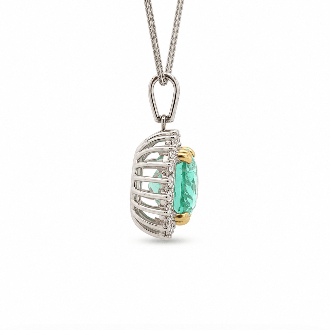 Two Tone Pendant with Cushion Cut Emerald and Diamond Halo in white gold (230-01343)