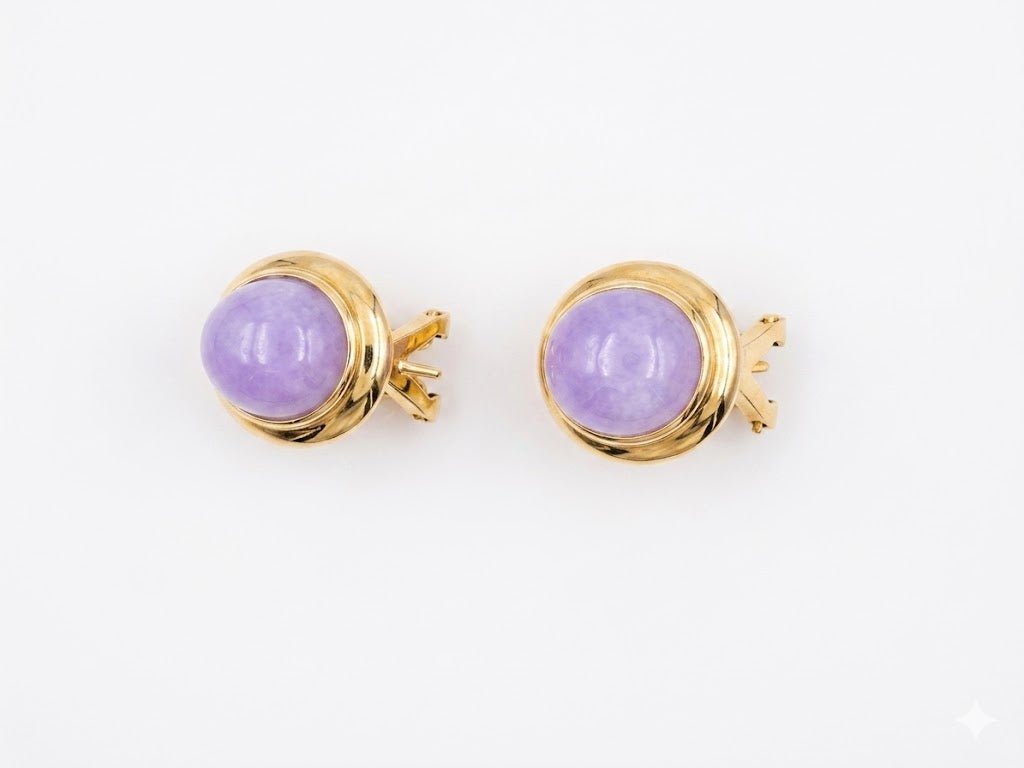 Vardy's Collection Cabochon Lavendar Jade Button Earrings in 14K Yellow Gold