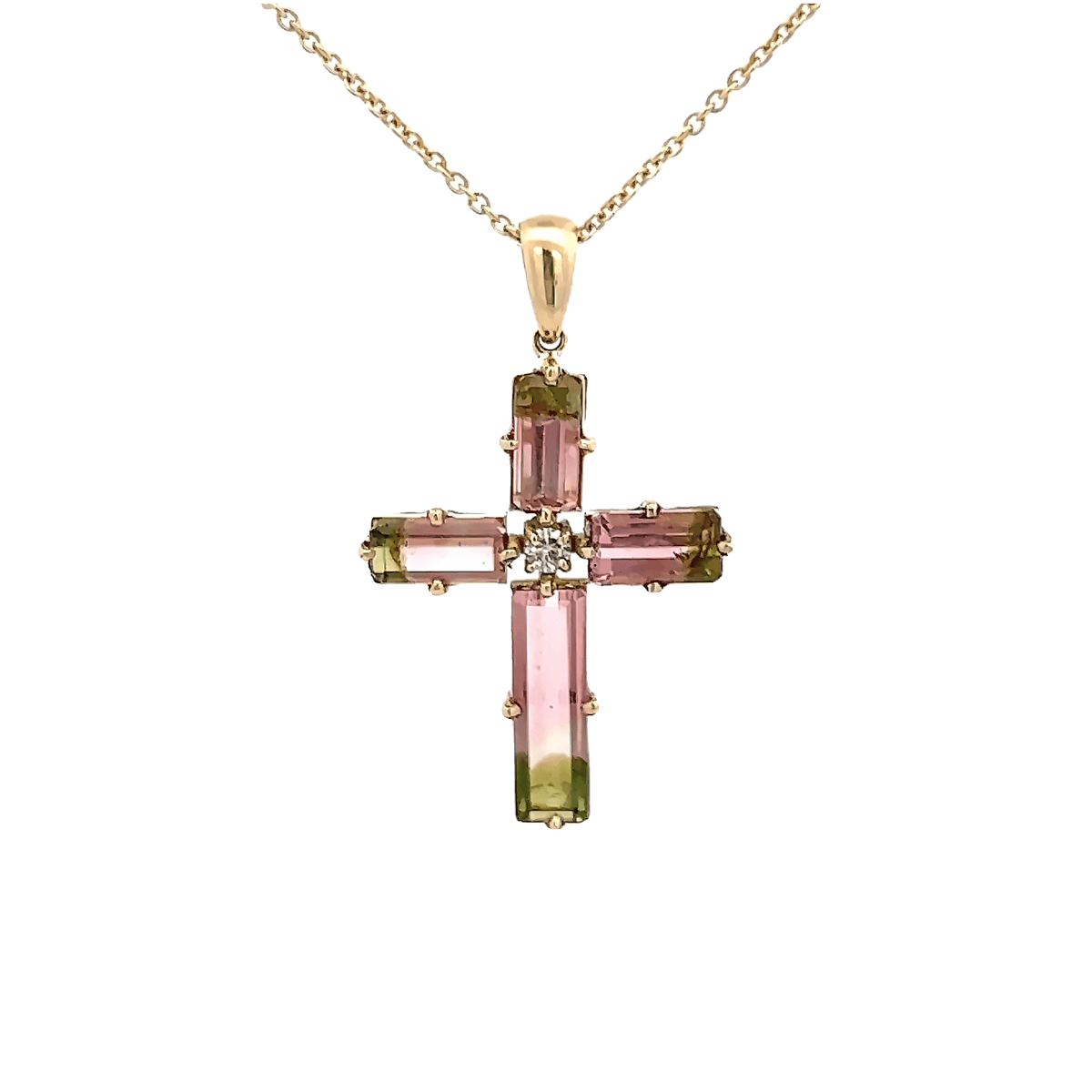 Vardy's Collection Emerald and Round Diamond Cross Pendant Necklace in 14K Yellow Gold