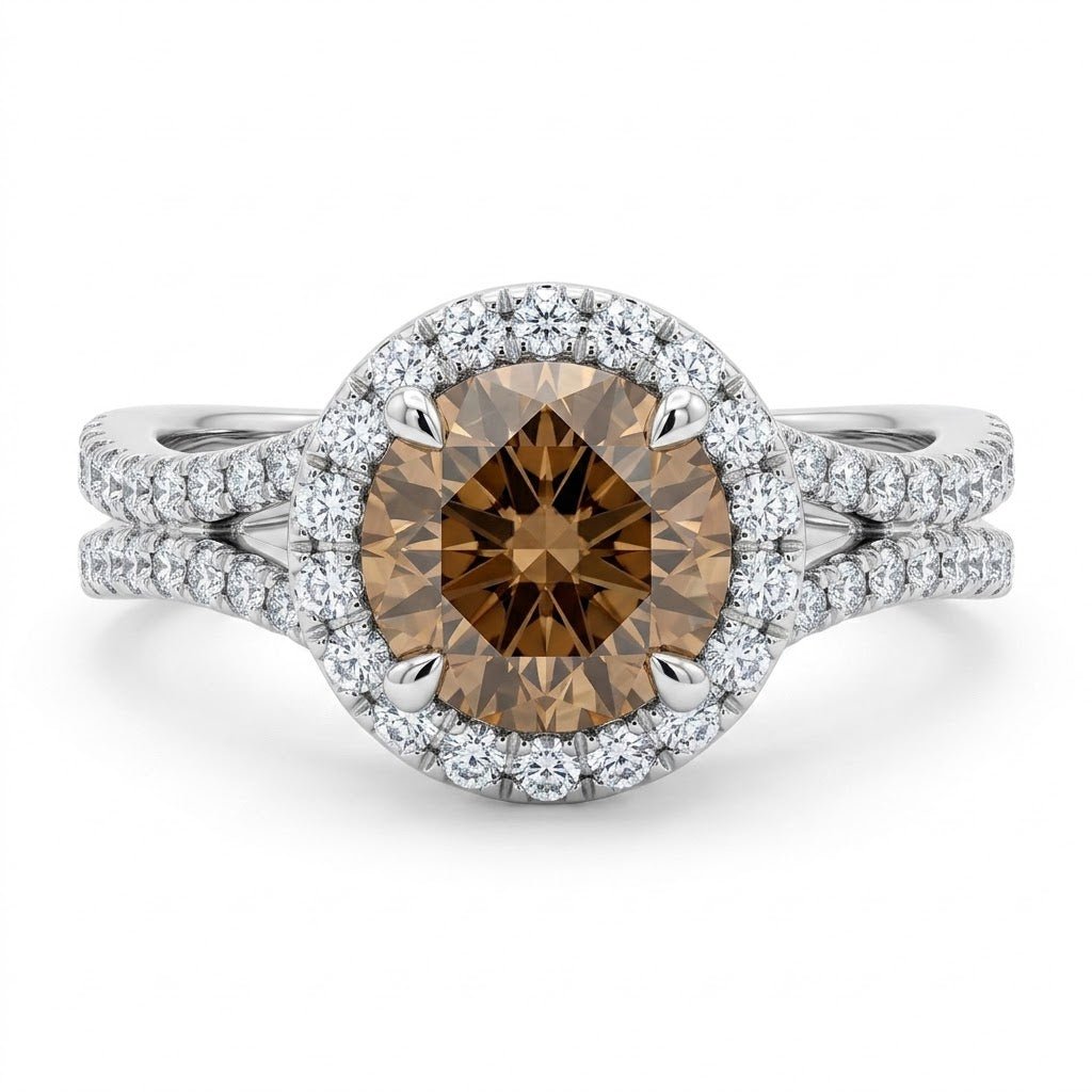Vardy's Collection Halo Fashion Ring with Round G/H VS2 Diamonds and Round Cognac Diamond in 18K White Gold (1.585tcw)