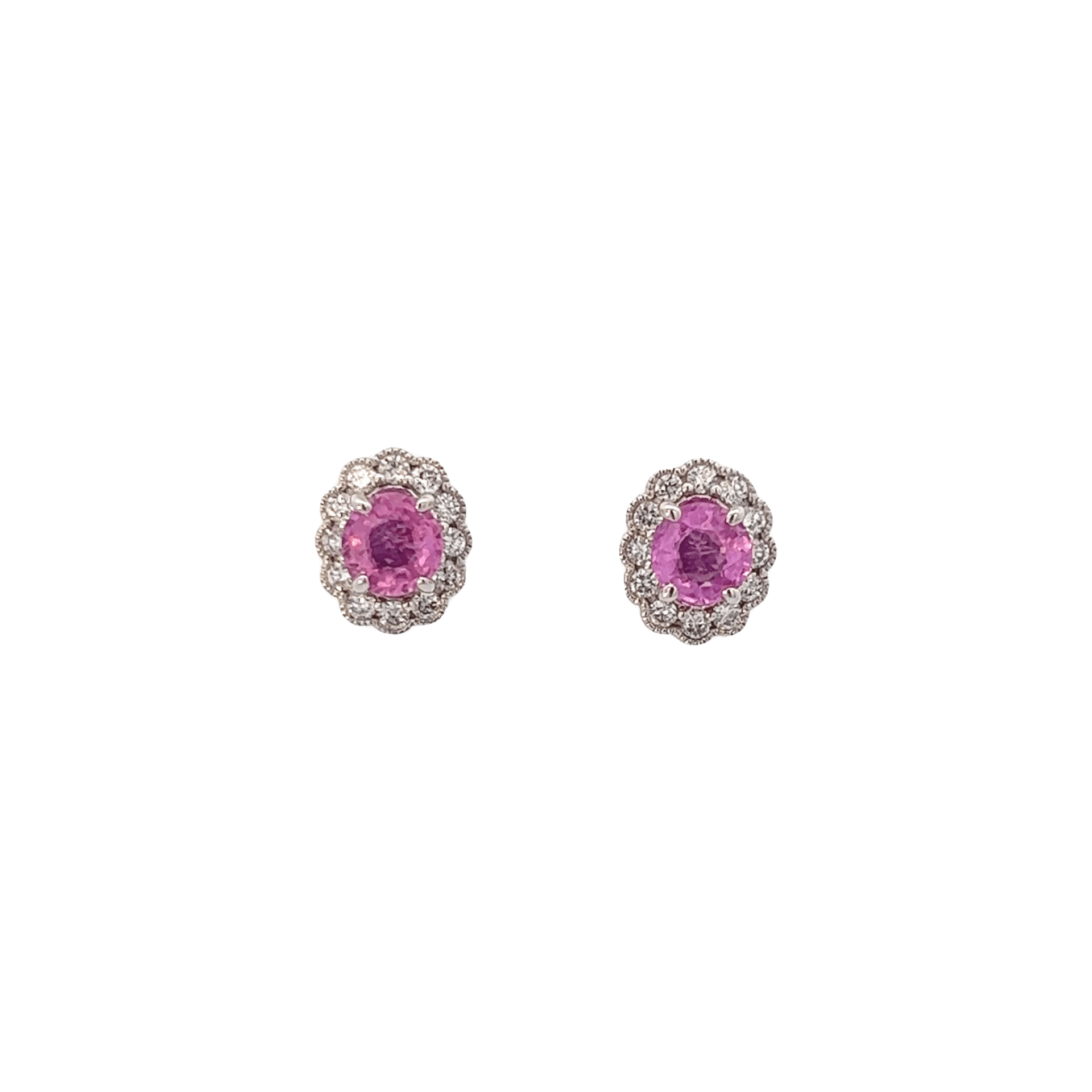 Vardy's Collection Halo Setting Earrings with Round Pink Sapphires and Diamonds in 14K White Gold (2.31ctw)