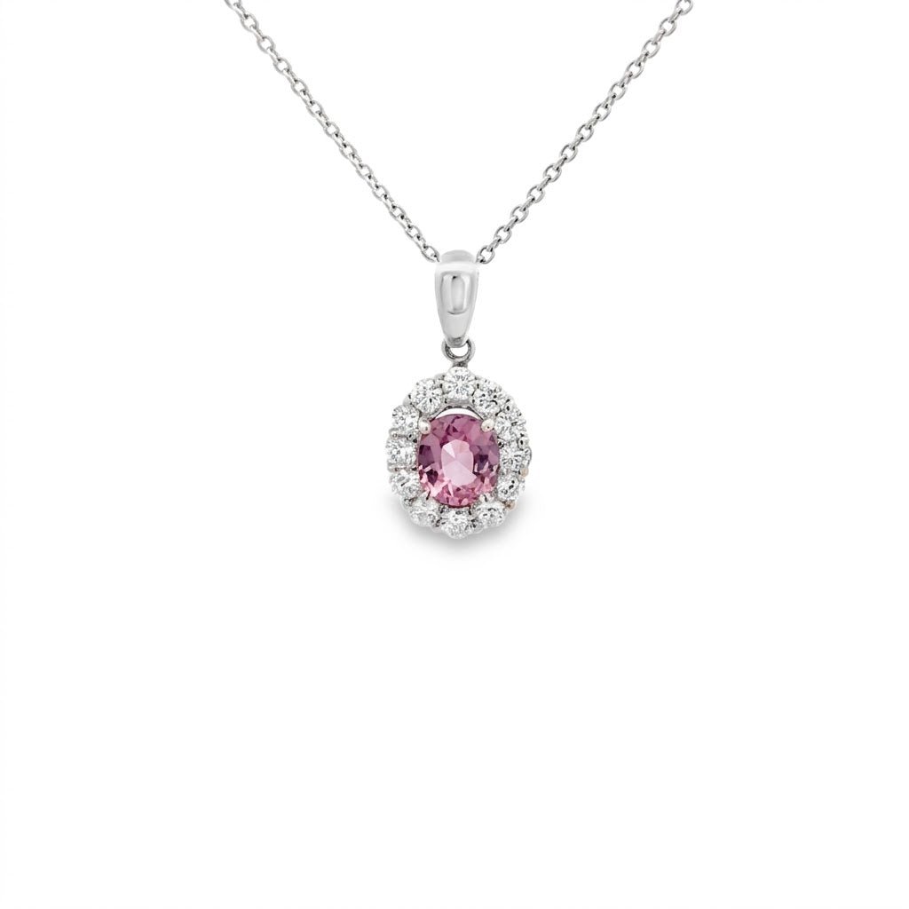 Vardy's Collection Halo Setting Pendant with Round Diamonds and Oval Shape Spinel in 18K White Gold (1.40tcw)