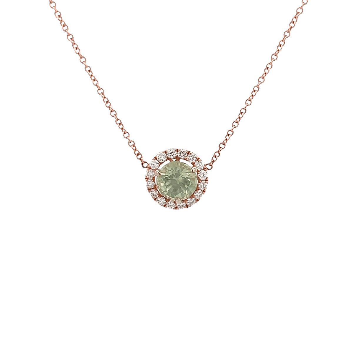 Vardy's Collection Halo Setting Pendant with Round Green Sapphire and Diamonds in 14K Rose Gold (2.37ct)
