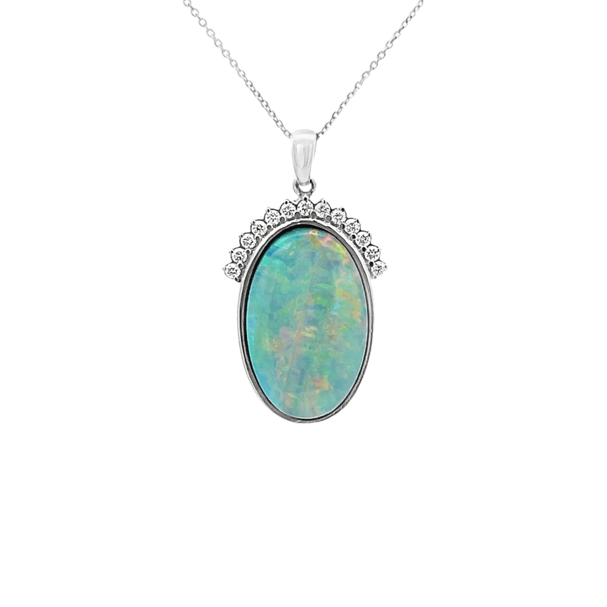 Vardy's Collection Oval Opal and Round Diamond Cable Link Pendant in 14K White Gold (5.96ct Opal, 0.20ctw Diamonds)