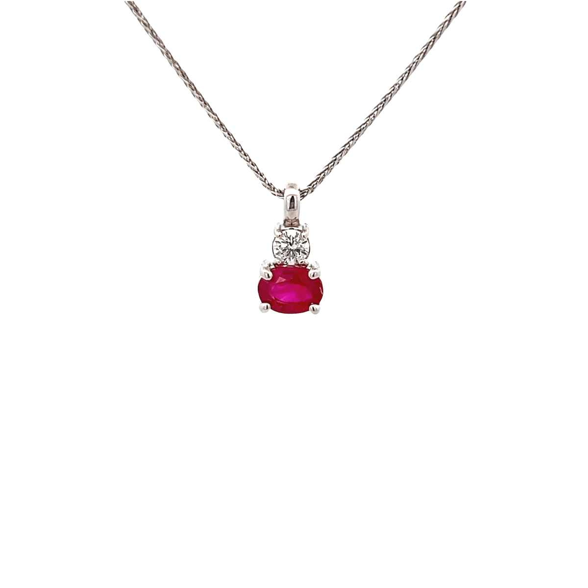 Vardy's Collection Oval Red Ruby and Round Diamond Wheat Pendant Necklace in 14K White Gold (1.19ct)
