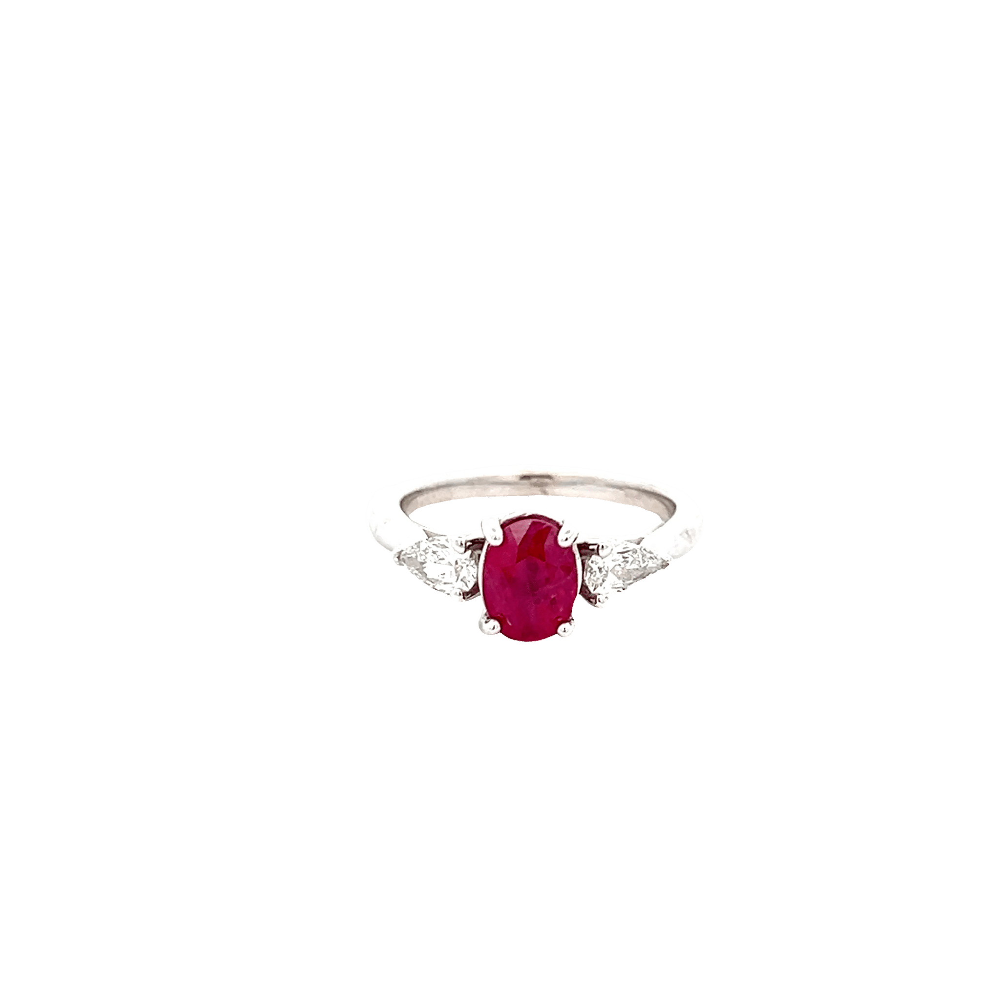 Vardy's Collection Oval Ruby and Pear Shape Diamond 3 Stone Fashion Ring in 14K White Gold (1.68ct)
