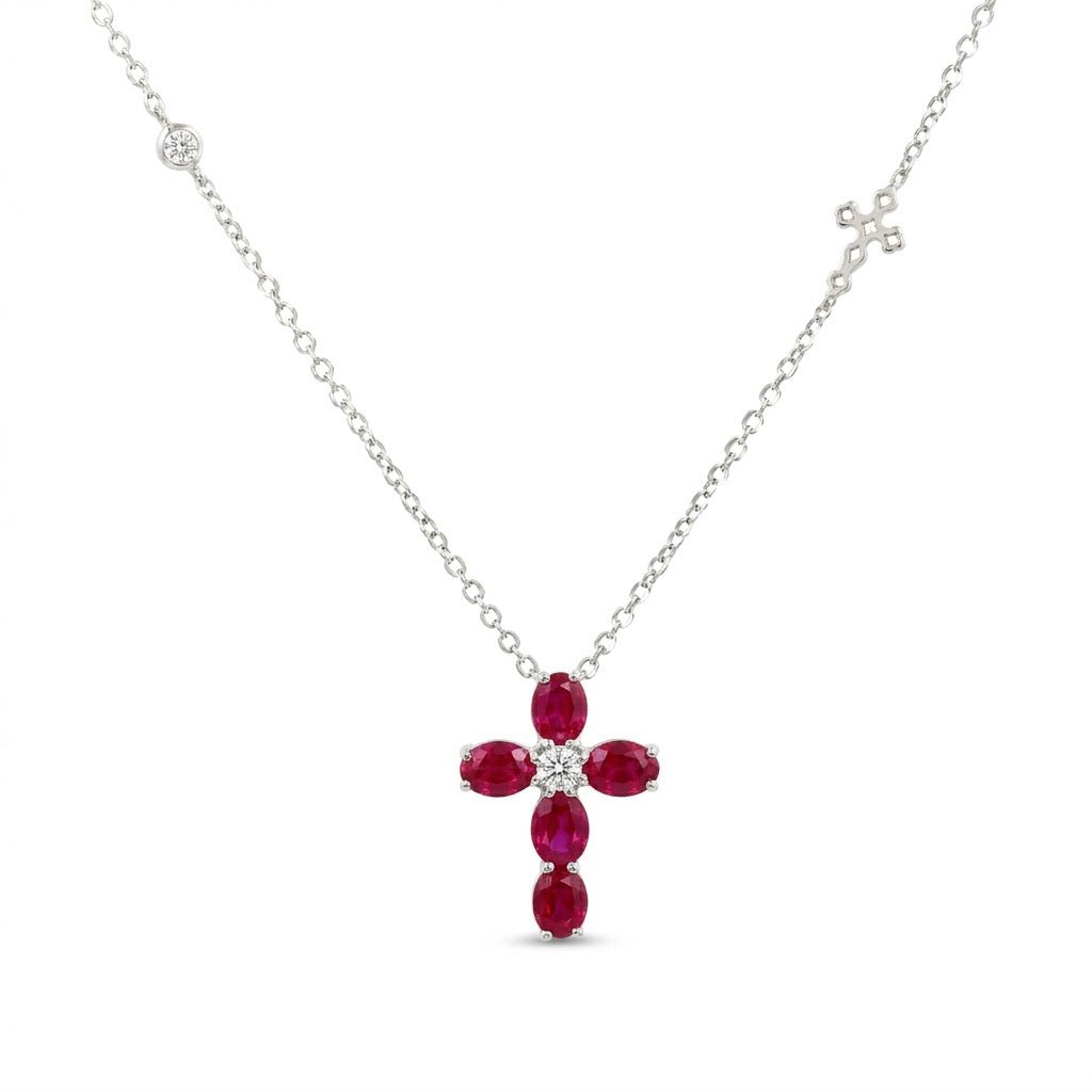 Vardy's Collection Oval Ruby and Round Diamond Cross Pendant Necklace in 14K White Gold (1.70ctw)