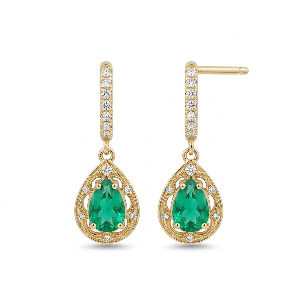 Vardy's Collection Pear Emerald Drop Halo Earrings in 14K Yellow Gold (2.03ctw)