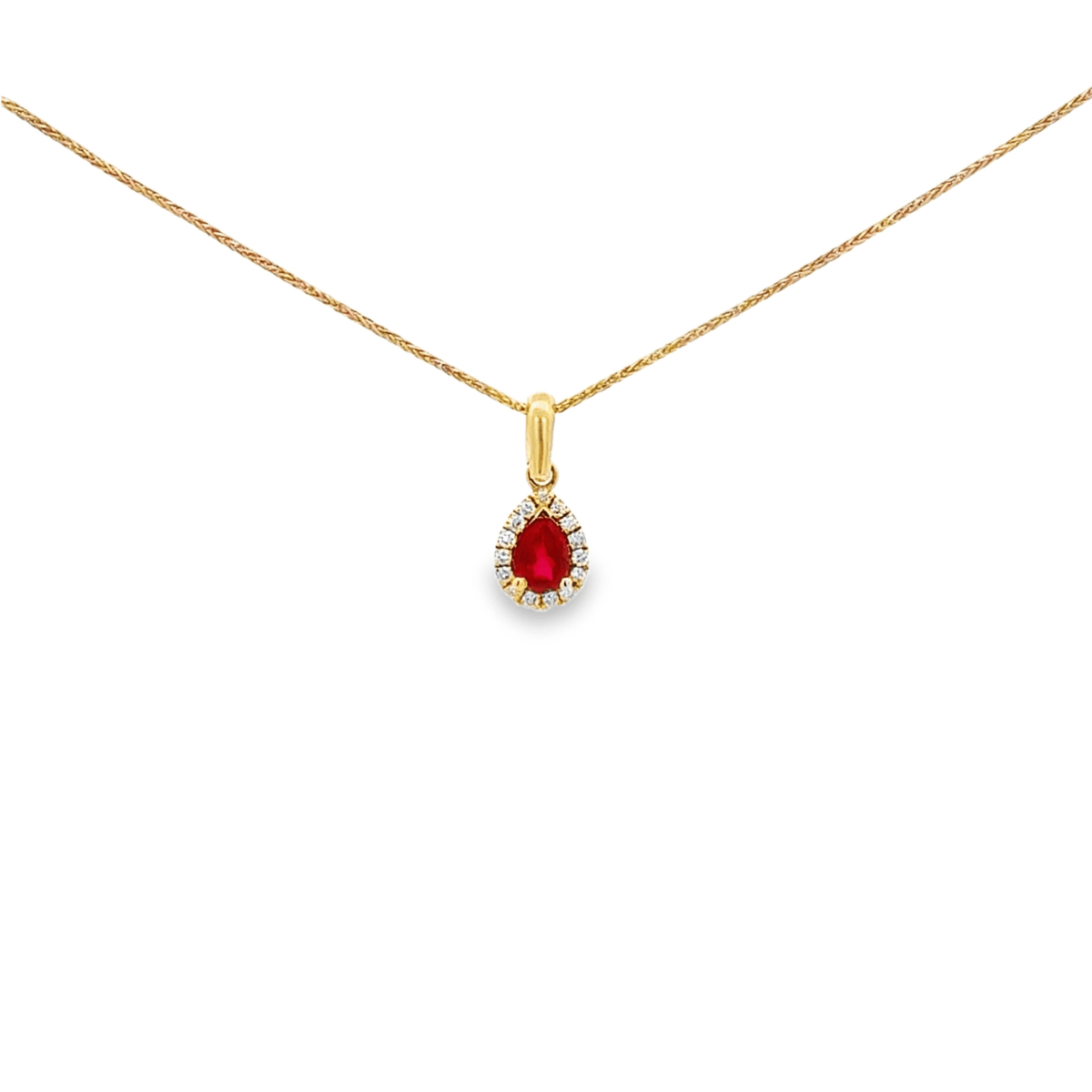 Vardy's Collection Pear Ruby Halo Pendant Necklace in 14K Yellow Gold (1.19ct)