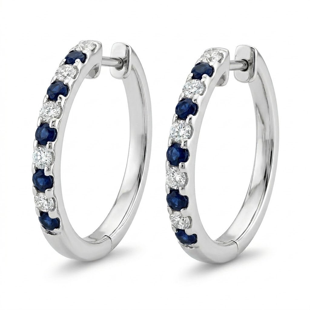 Vardy's Collection Round Diamond and Blue Sapphire Medium Hoop Earrings in 14K White Gold (0.71ctw)