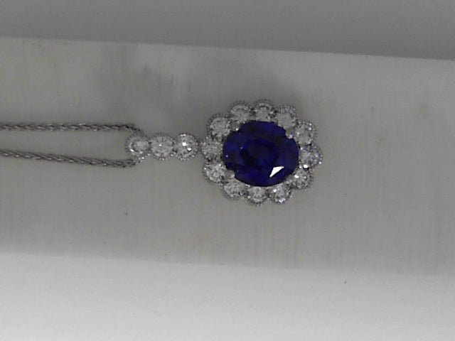 Vardy's Collection Round Diamond and Oval Blue Sapphire Halo Pendant Necklace in 14K White Gold (4ct)