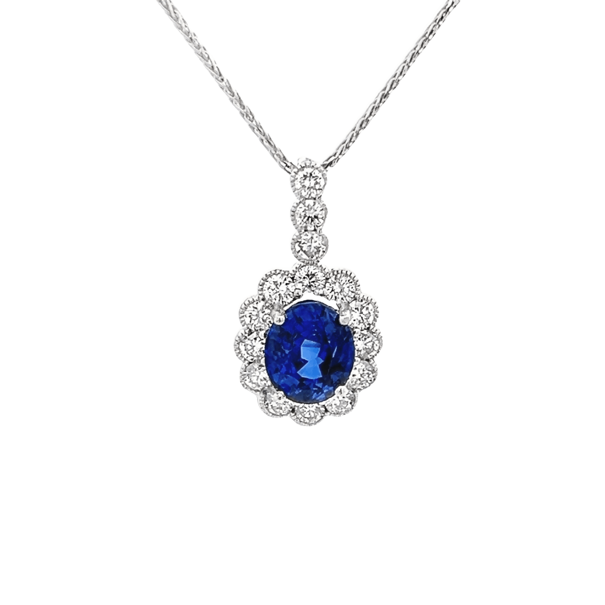 Vardy's Collection Round Diamond and Oval Blue Sapphire Halo Pendant Necklace in 14K White Gold (4ct)