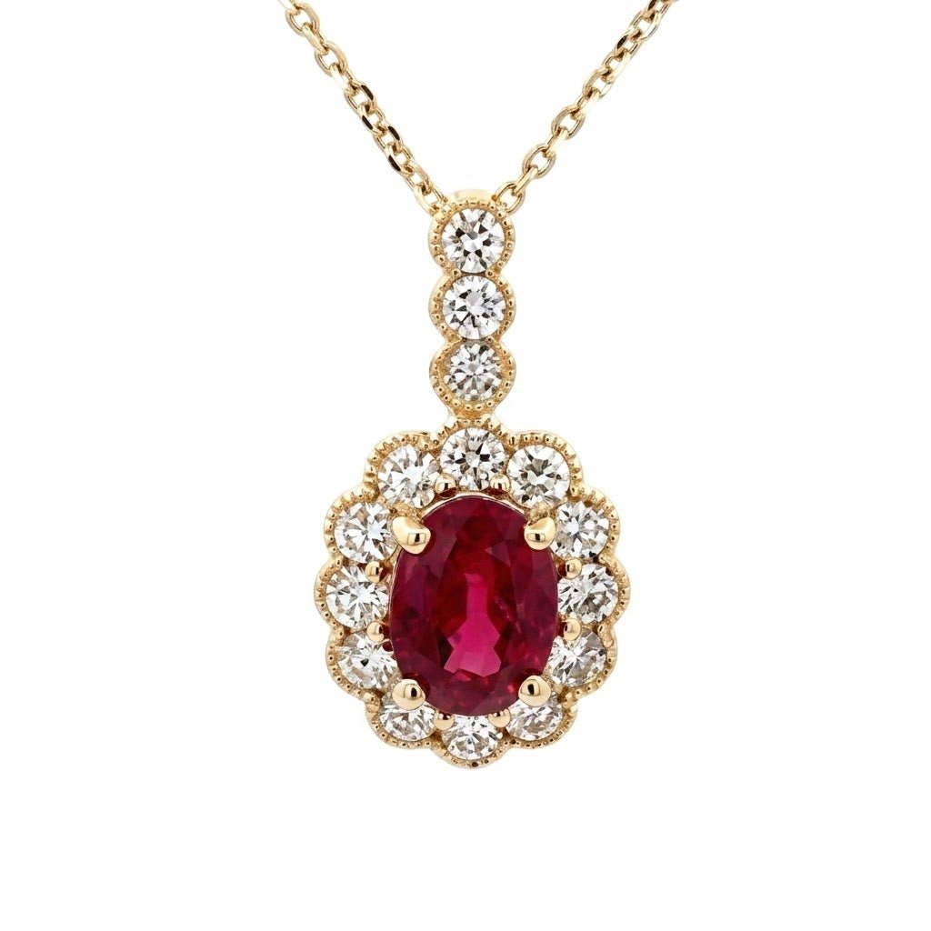 Vardy's Collection Round Diamond and Oval Ruby Halo Pendant Necklace in 14K Yellow Gold (2.04ct)
