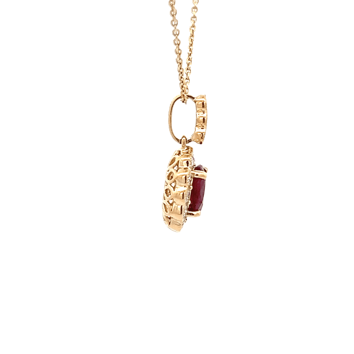 Vardy's Collection Round Diamond and Oval Ruby Halo Pendant Necklace in 14K Yellow Gold (2.04ct)