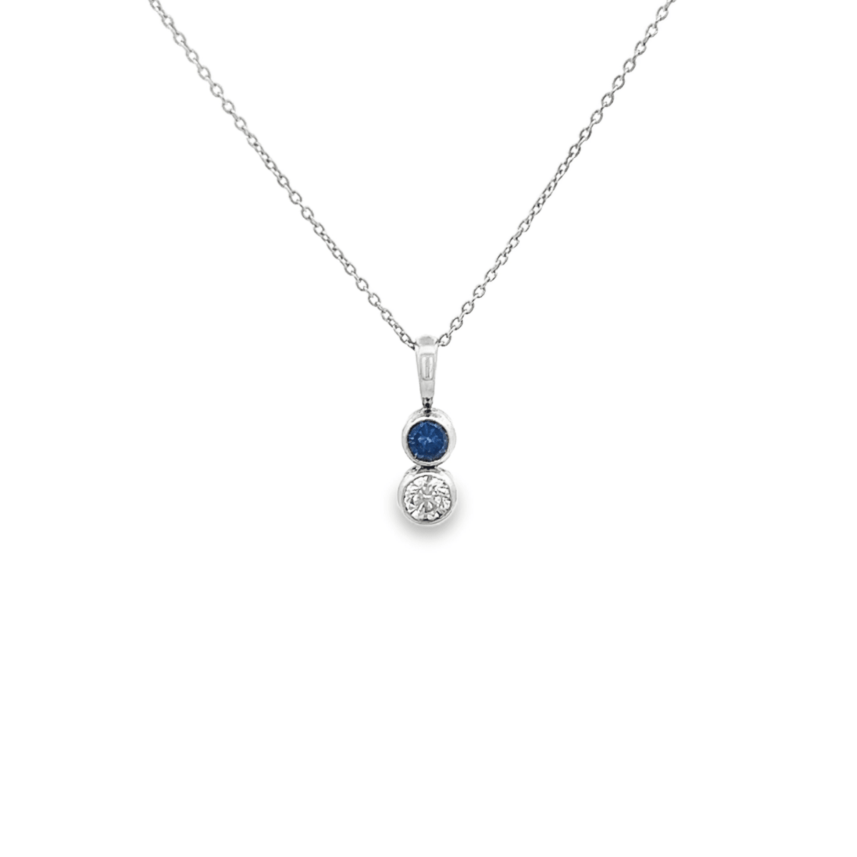 Vardy's Collection Round Diamond and Rectangular Cushion Sapphire Drop Pendant Necklace in 14K White Gold (0.4ct)