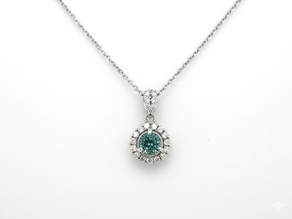 Vardy's Collection Round Diamond and Round Alexandrite Halo Pendant Necklace in 14K White Gold (0.97ctw)