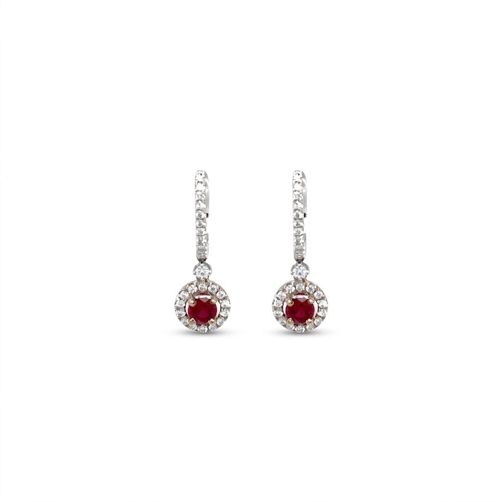 Vardy's Collection Round Diamond and Round Red Ruby Drop Earrings in 14K White Gold (1.12ctw)