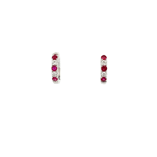 Vardy's Collection Round Ruby and Diamond Small Hoop Earrings in 14K White Gold (0.13ctw)