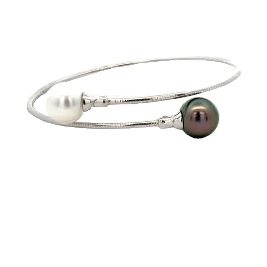 Vardy's Collection Tahitian Peacock and South Sea White Pearl Bangle Bracelet in 18K White Gold