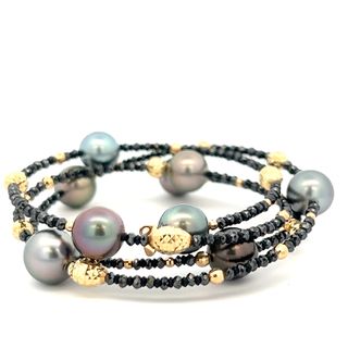 Vardy's Collection Tahitian Pearl and Fantasy Cut Black Diamond Bead Bracelet in 18K Yellow Gold (10.99ctw)