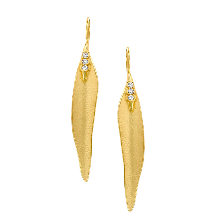 Marika Desert Gold 14 Karat Yellow Gold 3 Diamond Feather Earrings