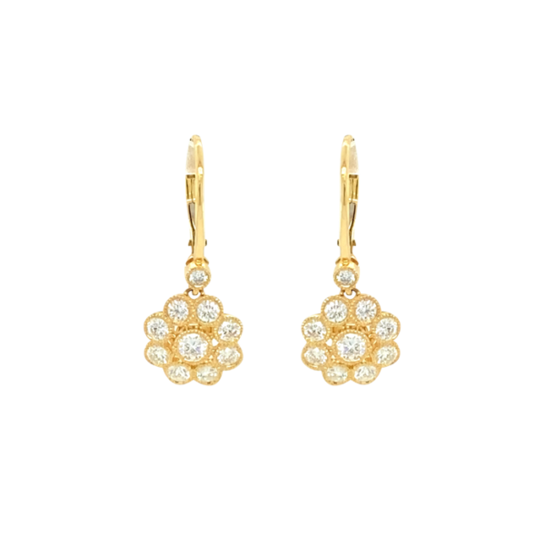 18 Karat Yellow Gold Diamond Flower Drop Earrings
