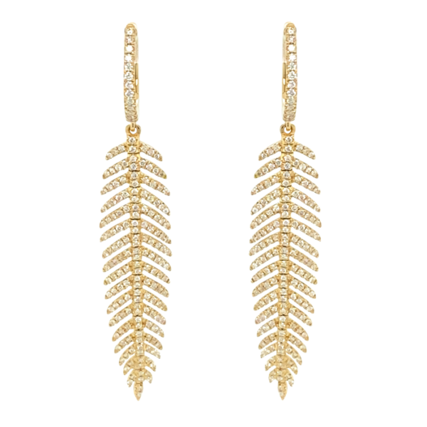 18 Karat Yellow Gold Medium Diamond Feather Earrings