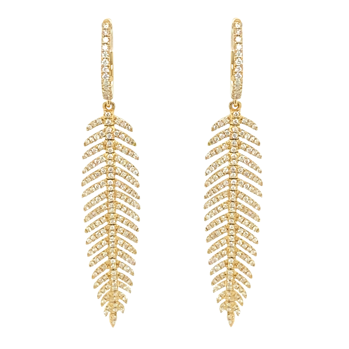 18 Karat Yellow Gold Medium Diamond Feather Earrings