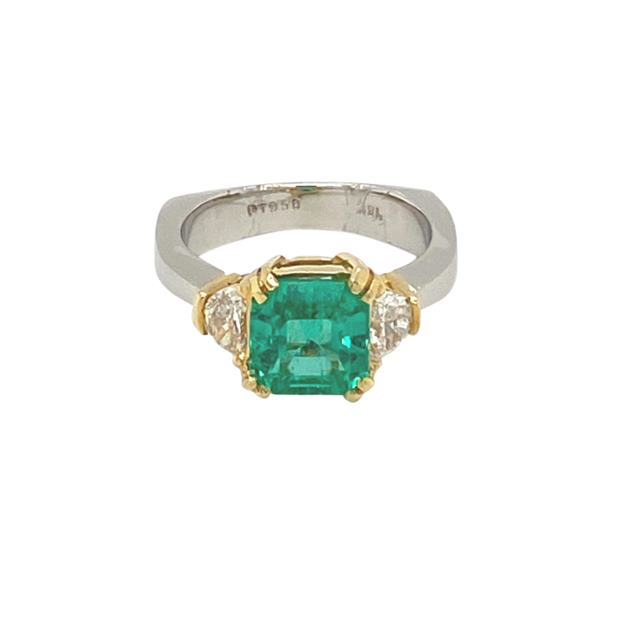 Two Tone 18 Karat and Platinum Cushion-Cut Emerald Ring
