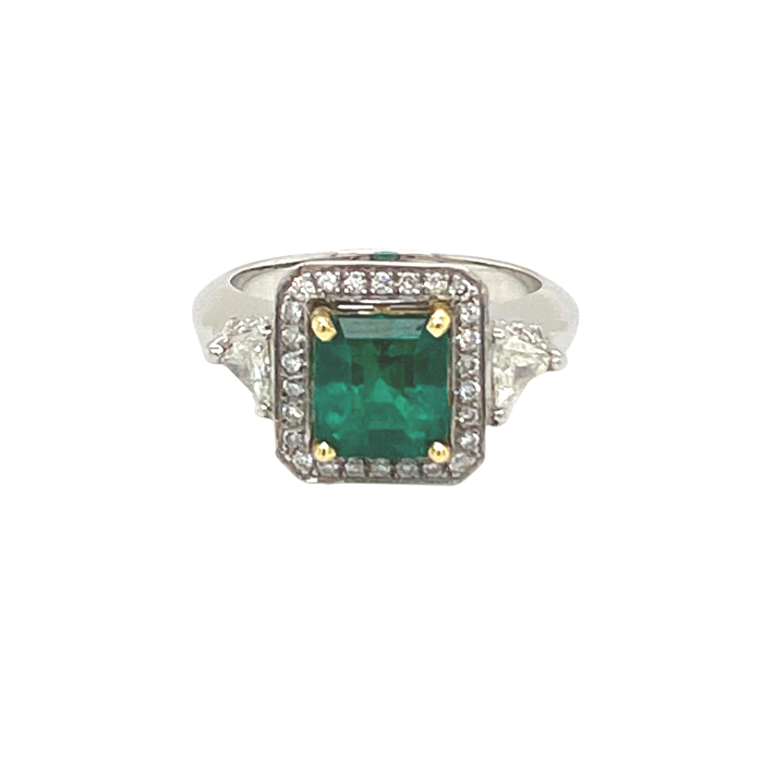 Platinum Cushion-Cut Emerald and Diamond Ring