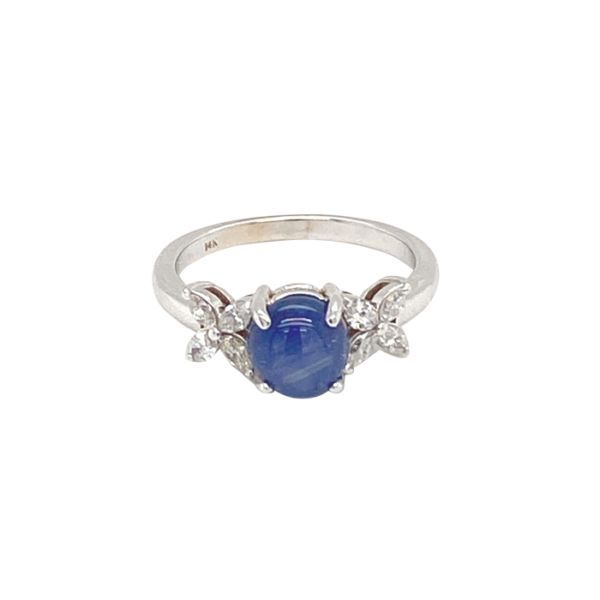 14 Karat White Gold Cabochon Sapphire Ring with Marquise-Cut Diamonds