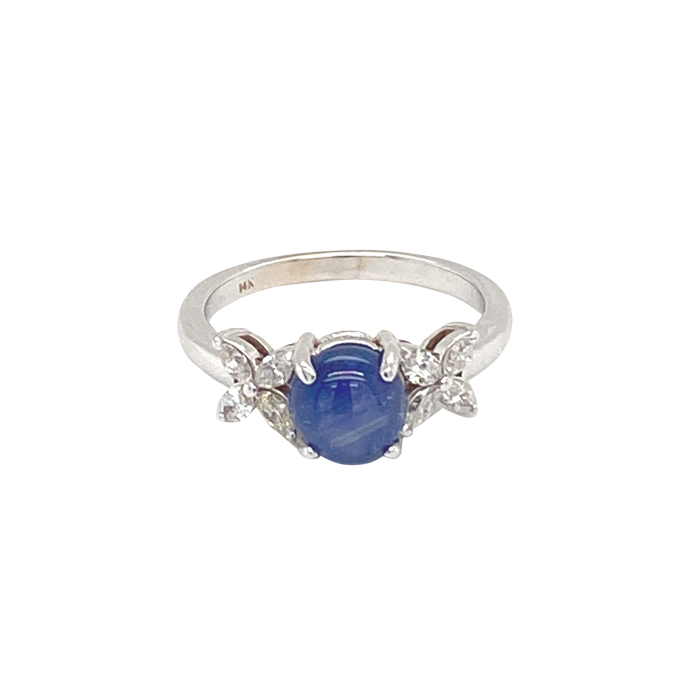 14 Karat White Gold Cabochon Sapphire Ring with Marquise-Cut Diamonds