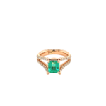 14 Karat Rose Gold Emerald-Cut Emerald and Diamond Ring