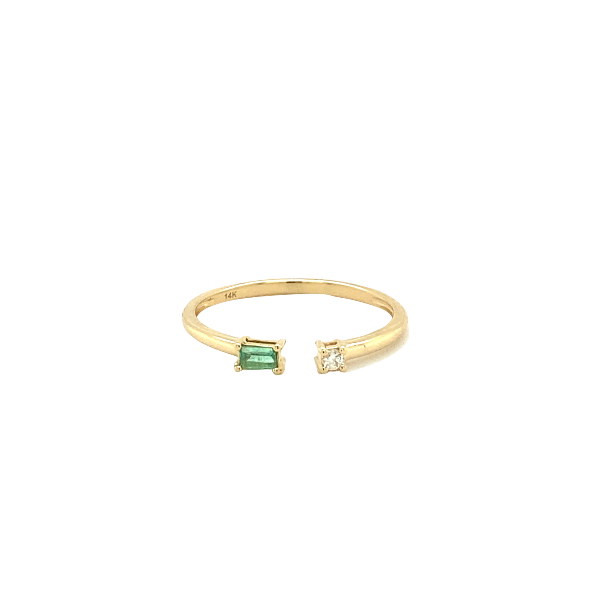 14 Karat Yellow Gold Emerald and Diamond Dainty Bypass Ring