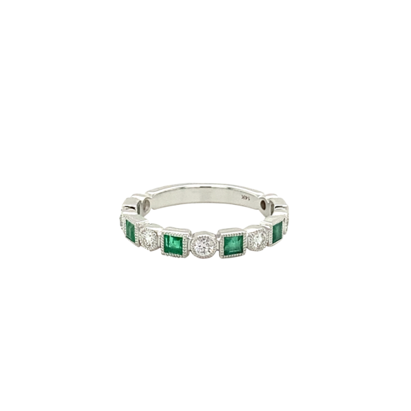 14 Karat White Gold Emerald and Diamond Antique Style Stackable