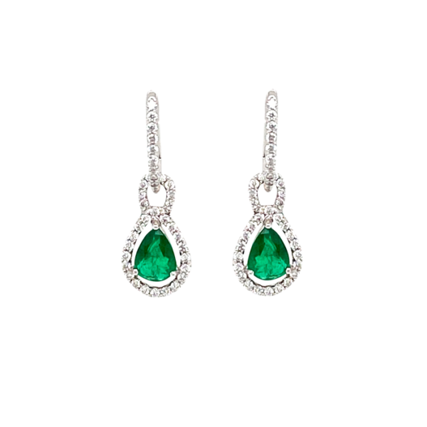 18 Karat White Gold Pear-Shaped Emerald and Round Diamond Drop Earrings
