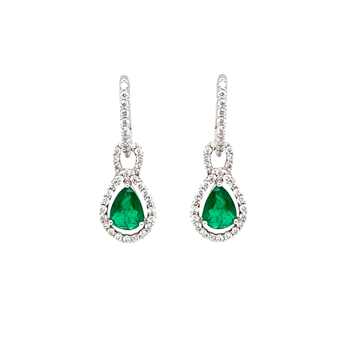 18 Karat White Gold Pear-Shaped Emerald and Round Diamond Drop Earrings