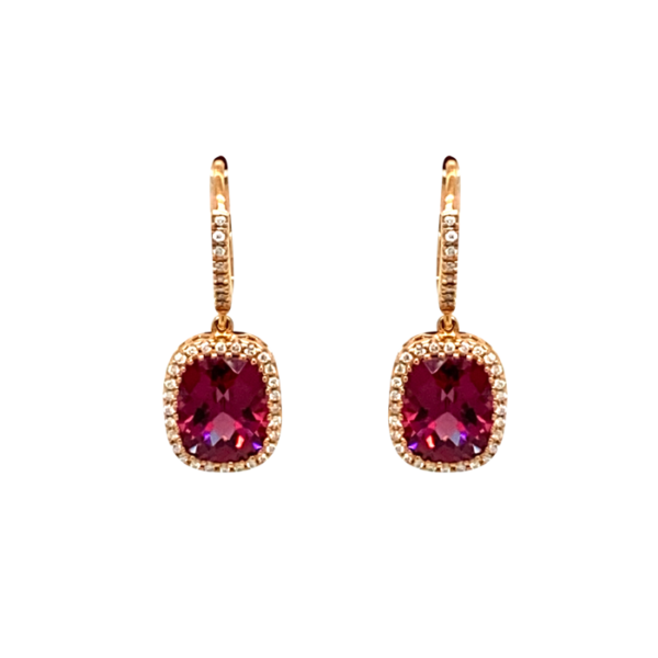 18 Karat Rose Gold Cushion-Cut Rhodolite Garnet and Round Diamond Drop Earrings