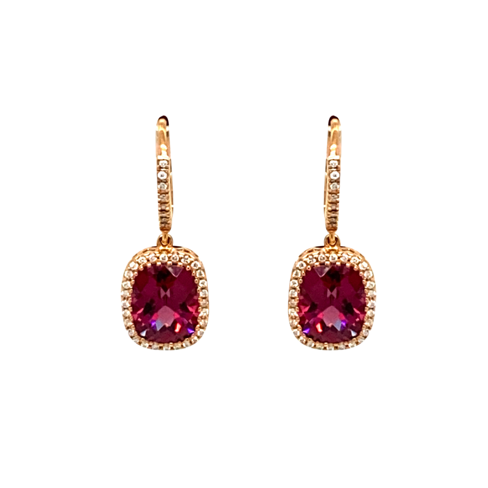18 Karat Rose Gold Cushion-Cut Rhodolite Garnet and Round Diamond Drop Earrings