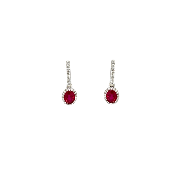 18 Karat White Gold Oval-Cut Ruby and Round Diamond Drop Earrings