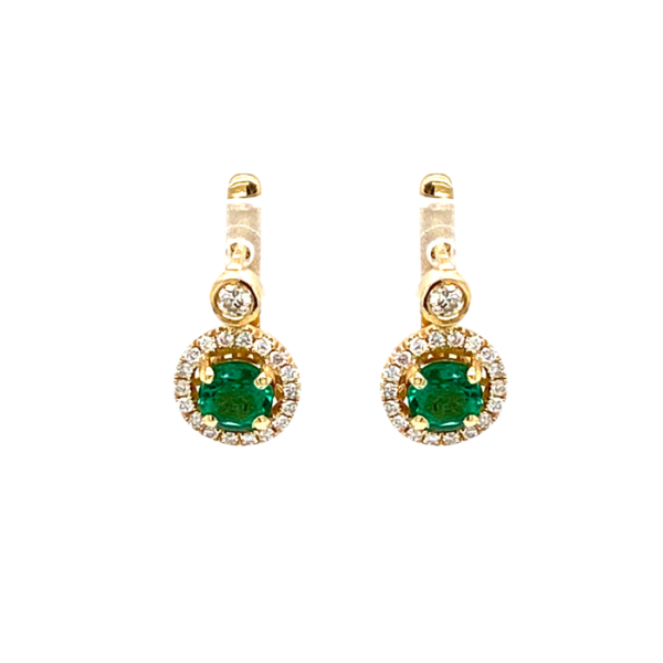 14 Karat Yellow Gold Round Emerald and Round Diamond Drop Earrings