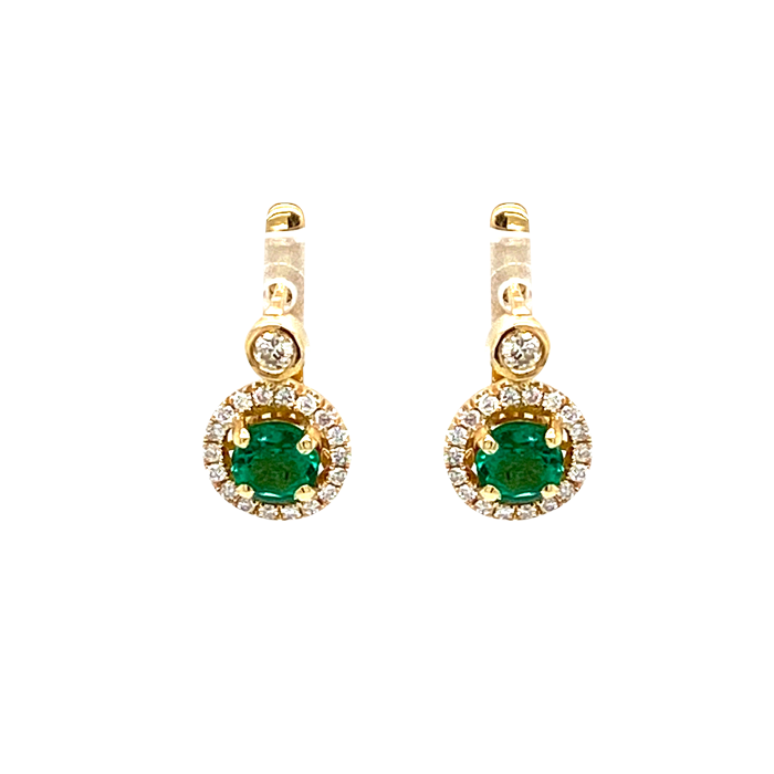 14 Karat Yellow Gold Round Emerald and Round Diamond Drop Earrings