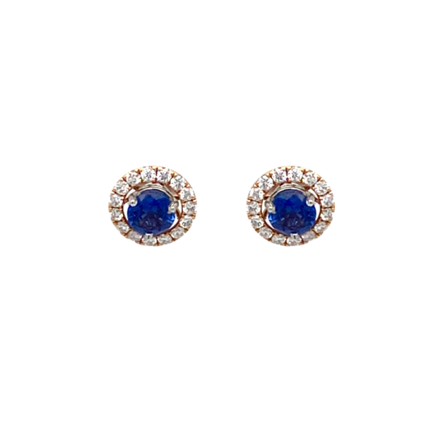 14 Karat Rose Gold Round Sapphire and Round Diamond Stud Earrings