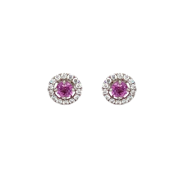 18 Karat White Gold Round Pink Sapphire Diamond Halo Earrings