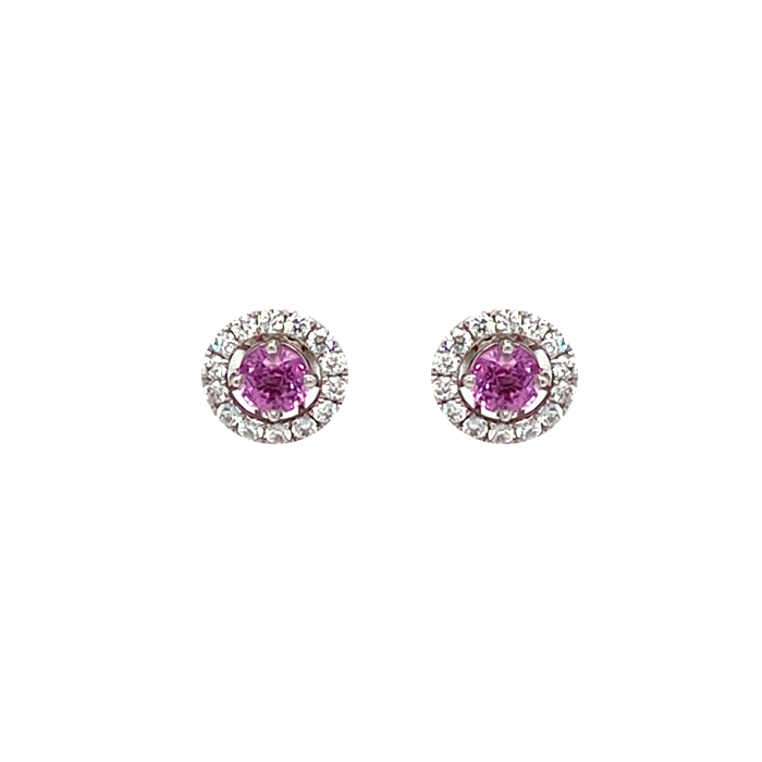 18 Karat White Gold Round Pink Sapphire Diamond Halo Earrings