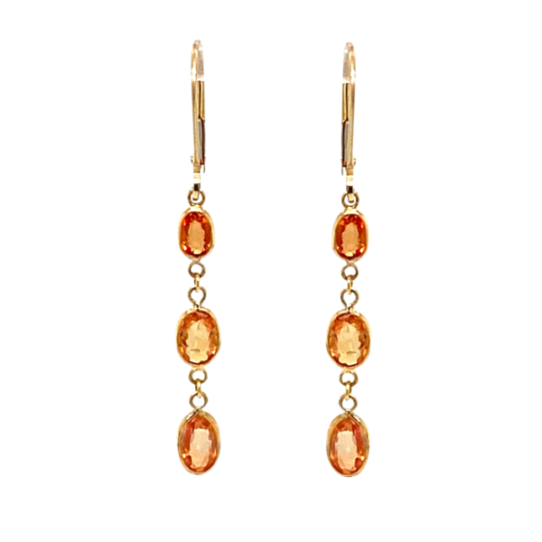 14 Karat Yellow Gold Oval Yellowish Orange Sapphire Dangle Drop Earrings