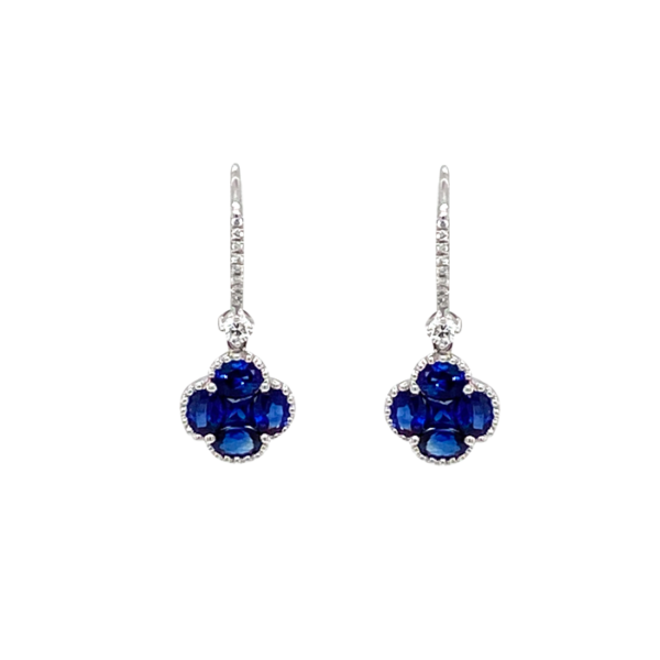 18 Karat White Gold Oval-Shape Blue Sapphire and Round Diamond Drop Earrings