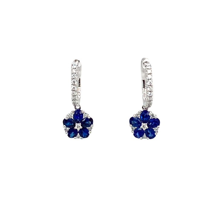 18 Karat White Gold Sapphire and Diamond Flower Dangly Earrings