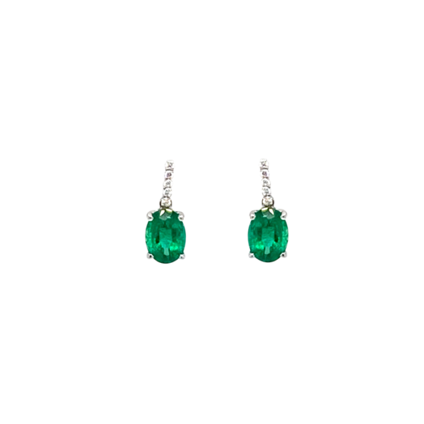 18 Karat White Gold Oval Emerald and Round Diamond Drop Earrings