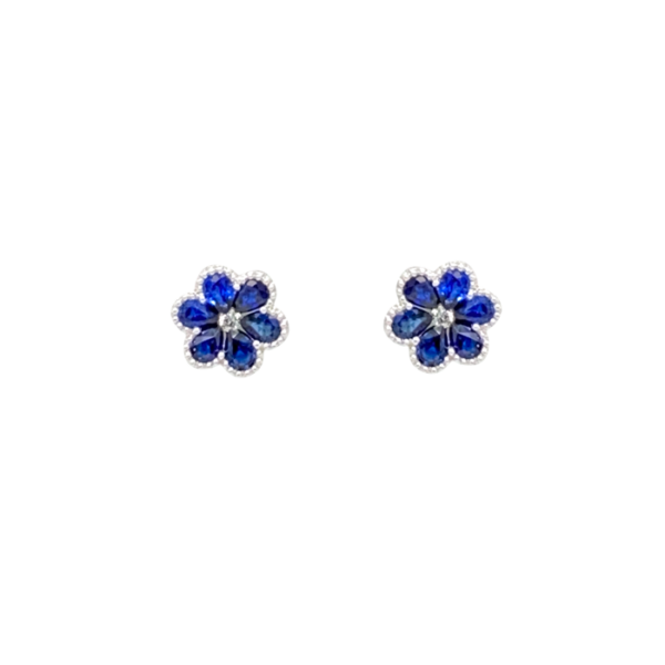 18 Karat White Gold Pear-Shape Blue Sapphire and Round Diamond Flower Studs